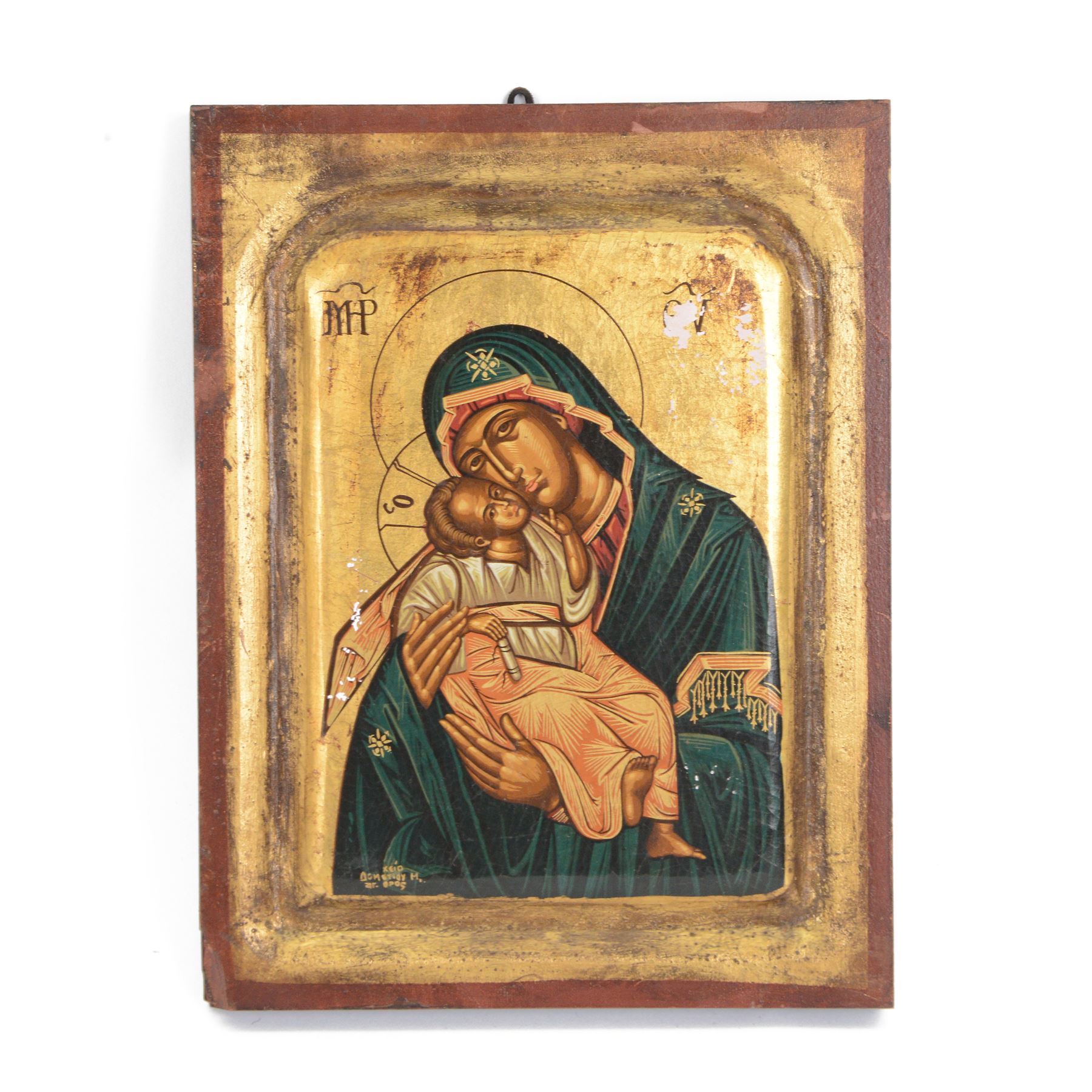 20th century Greek icon depicting Madonna and Child, H32cm