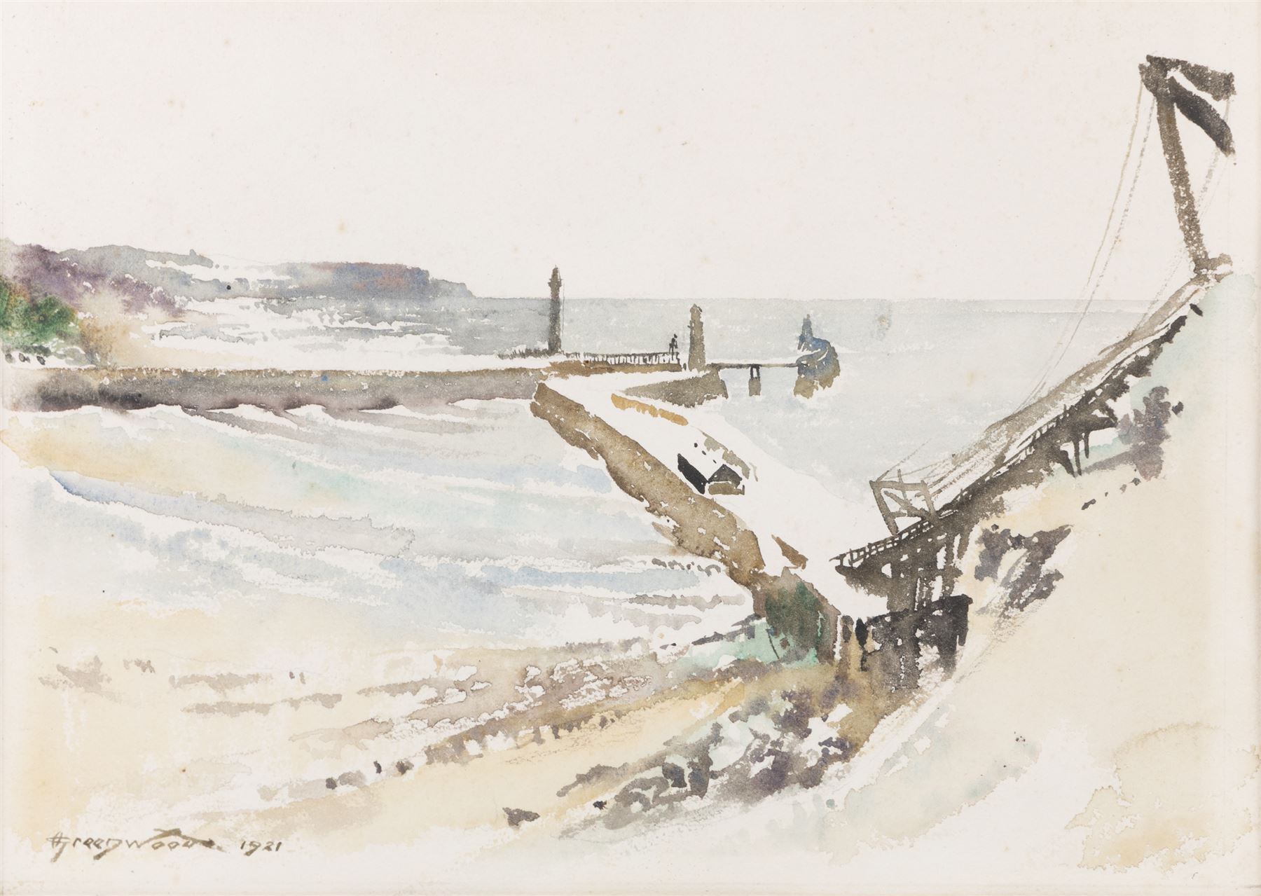 Orlando Greenwood (British 1892-1989): Whitby Piers, watercolour signed and dated 1921, 25cm x 35cm 
Provenance: Christie's South Kensington, 'Paintings, Watercolours, Drawings and Artist's materials from the studio of Orlando Greenwood', 11th October 1990, stamp verso (within the frame)