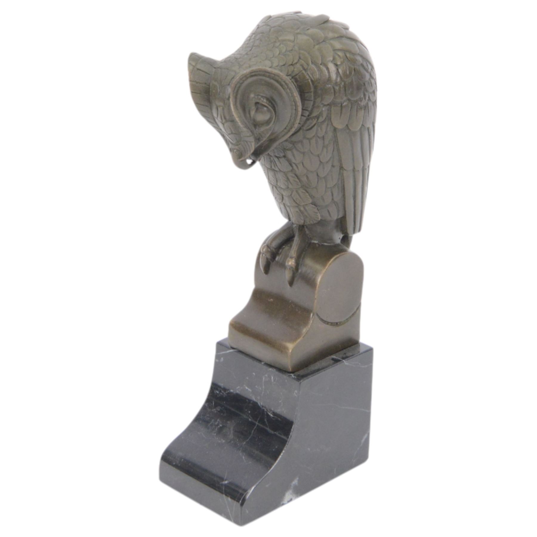 Bronze figure of a stylised eagle owl upon a marble base, H25cm 
