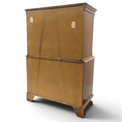 Georgian design mahogany chest on chest, moulded projecting cornice over three short and two long drawers, canted fluted front corners, lower section fitted with three long drawers, brass pierced backplate handles and escutcheons, on shaped bracket feet