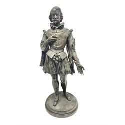 Bronzed figure, modelled as man in tradition 16th century dress, upon a circular base, H47cm 