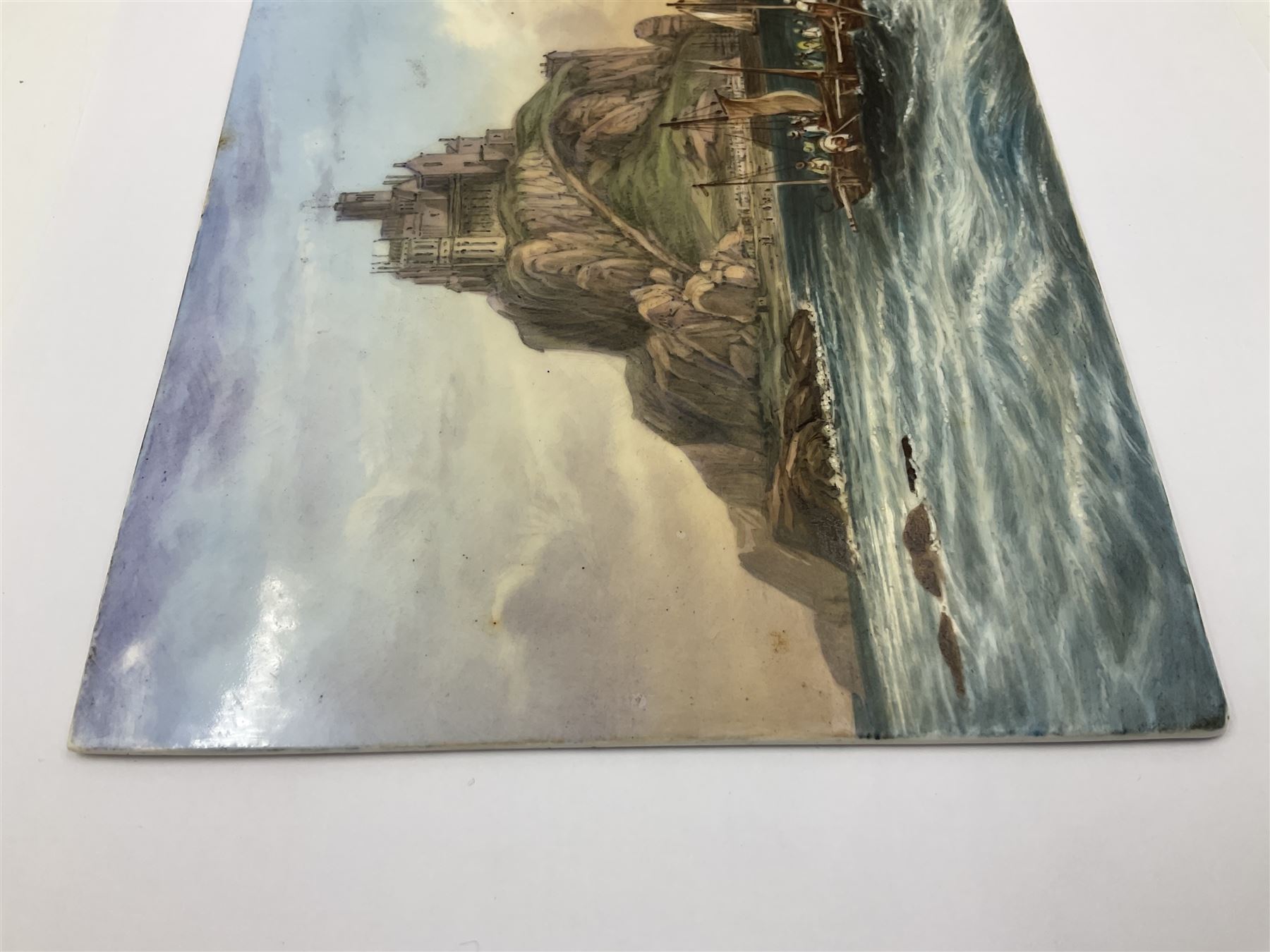 Richard Abbott: St Michael’s Mount, painted oil on porcelain plaque, with 'St Michaels Mount painted by R. Abbott', inscribed on reverse, H15cm, W19cm