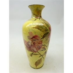  Late 19th century vase by John Bennett (1840-1907) painted with chrysanthemums amongst foliage on yellow ground, signed and dated London 1891, H31.5cm   