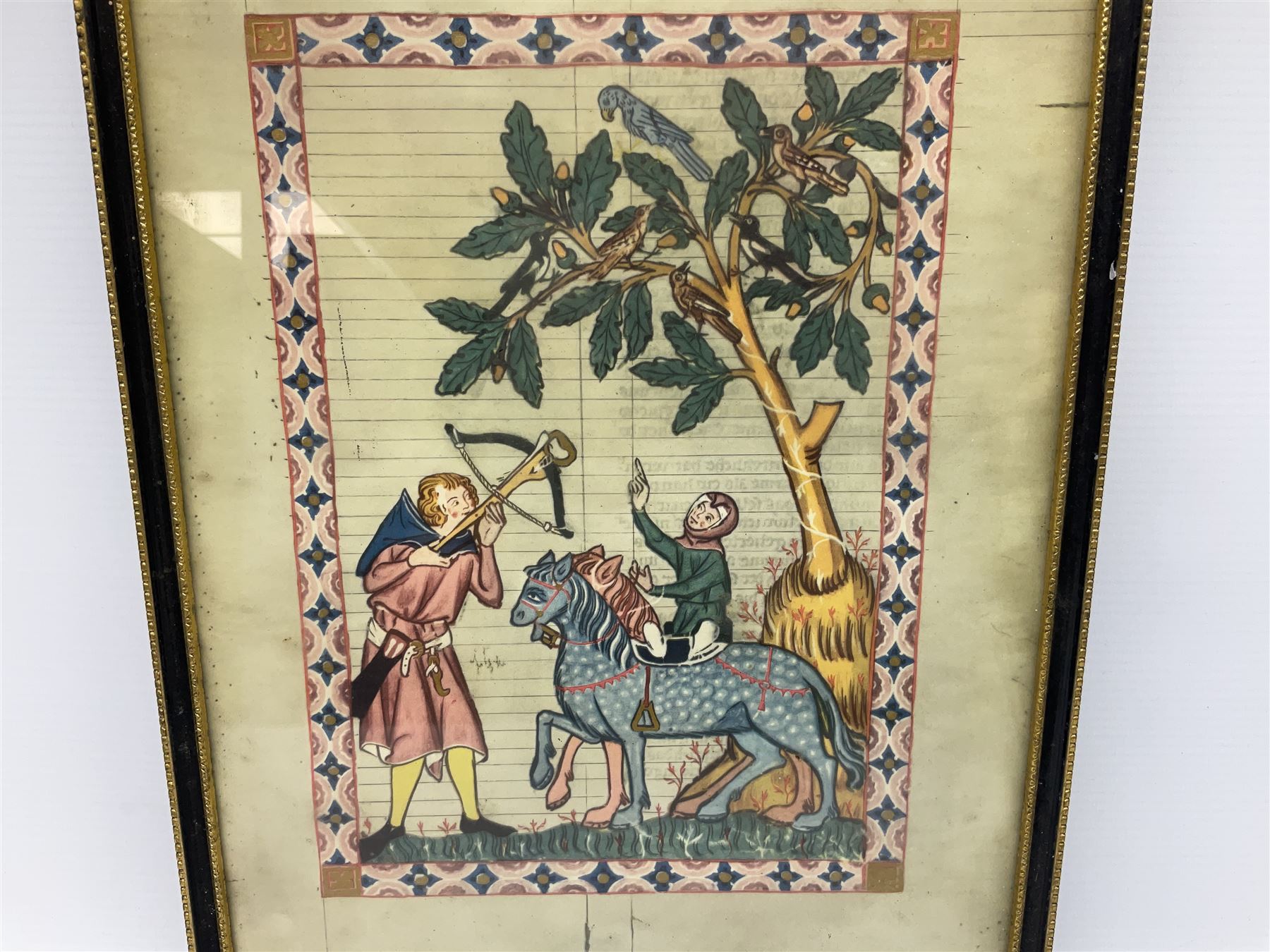 German School (14th century): 'Bruno von Hornberg' and 'Kol von Nüssen', pair prints of illuminated portraits from the 'Codex Manesse' together with print of 17th century Church writing