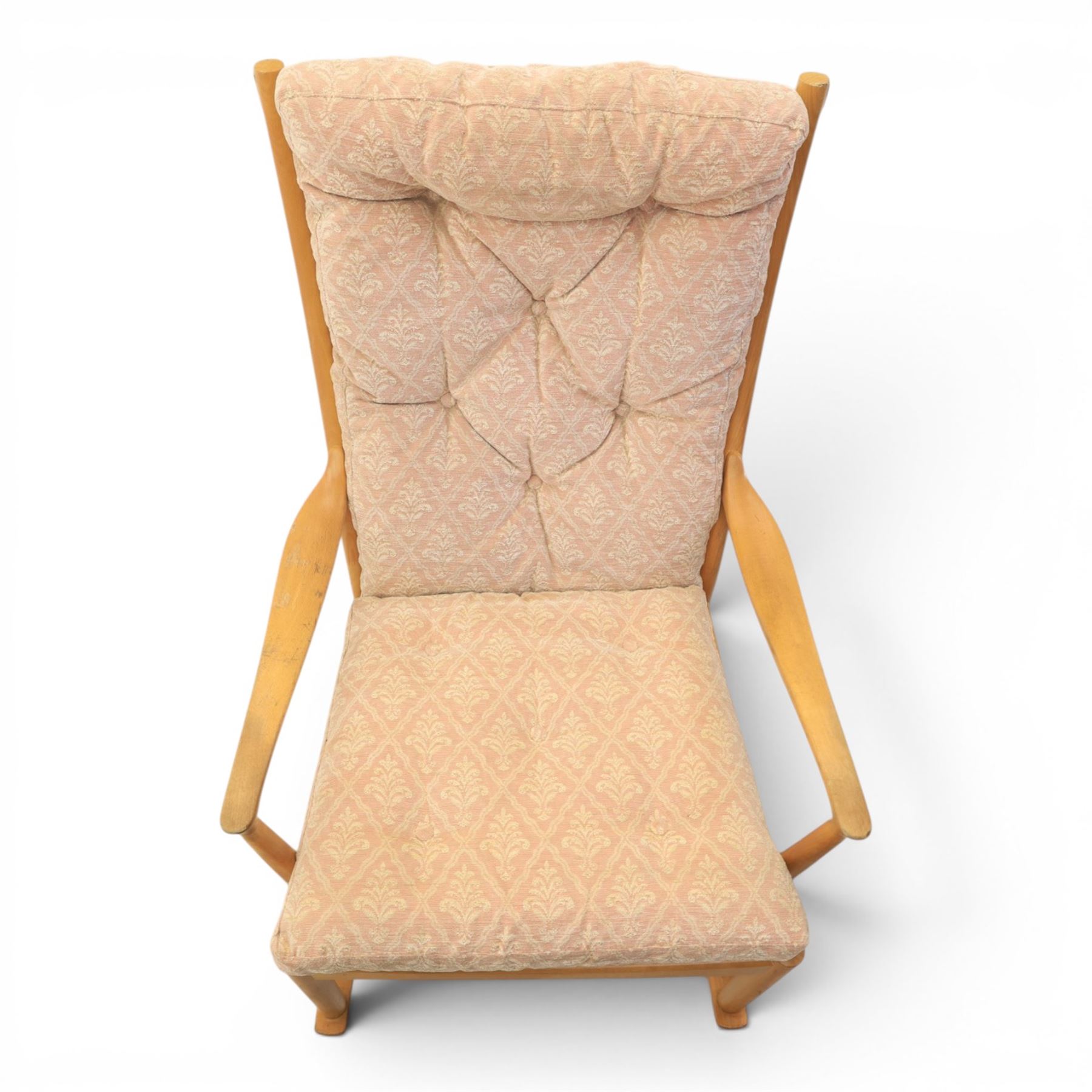 Parker Knoll -model '480' rocking beechwood chair, loose seat cushions above an elasticated webbing seat, curved rocker base 