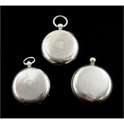 Victorian silver open face English lever fusee pocket watch by Thomas Russel & Son, Liverpool, No. 67496, engraved balance cock with diamond endstone, white enamel dial with Roman numerals and subsidiary seconds dial and two other similar Victorian silver pocket watches, one by M Michael, Edinburgh, all hallmarked (3) 
