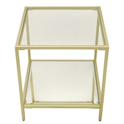 Modern pair of brass finish and glass bedside stands, each of square form with clear glass top, glazed sides and mirrored under tier, enclosed by a square section brass finish metal frame, raised on short square supports