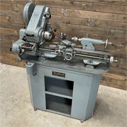 Myford Super 7 metal turning lathe with extensive collection of attachments, chucks, collets, bits; and precision metal saw