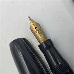 Three Swan Mabie Todd fountain pens, comprising Self Filler 3162 with black barrel and cap with single band and gold nib stamped Eternal 1 14ct, together with two Calligraph examples with gold nibs stamped 14ct, one with box, largest L12.5cm