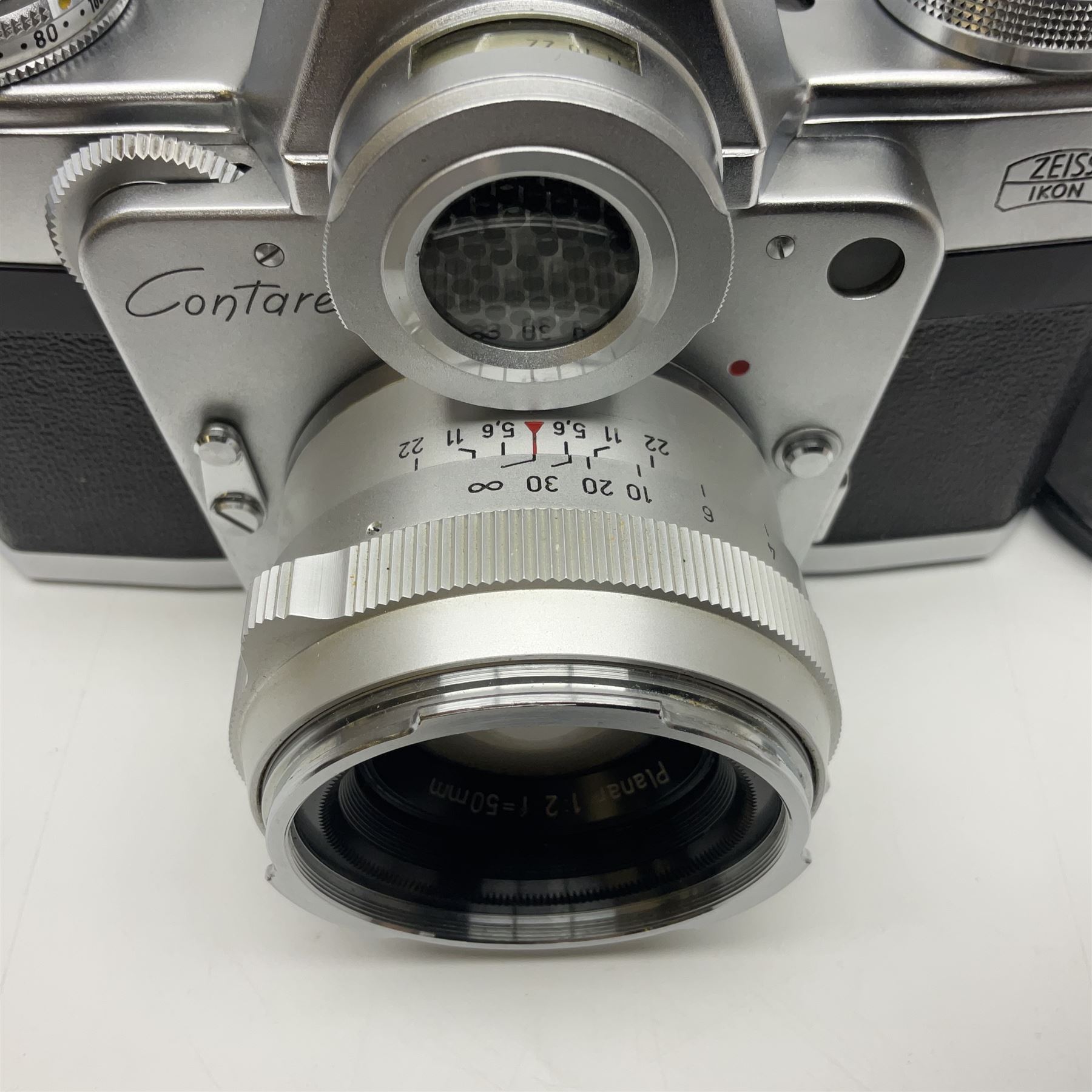 Zeiss Ikon Contarex Bullseye camera body, serial no. T92257, with 'Carl Zeiss planar 1:2 50mm' lens, serial no. 2374659, in Contarex ever ready case