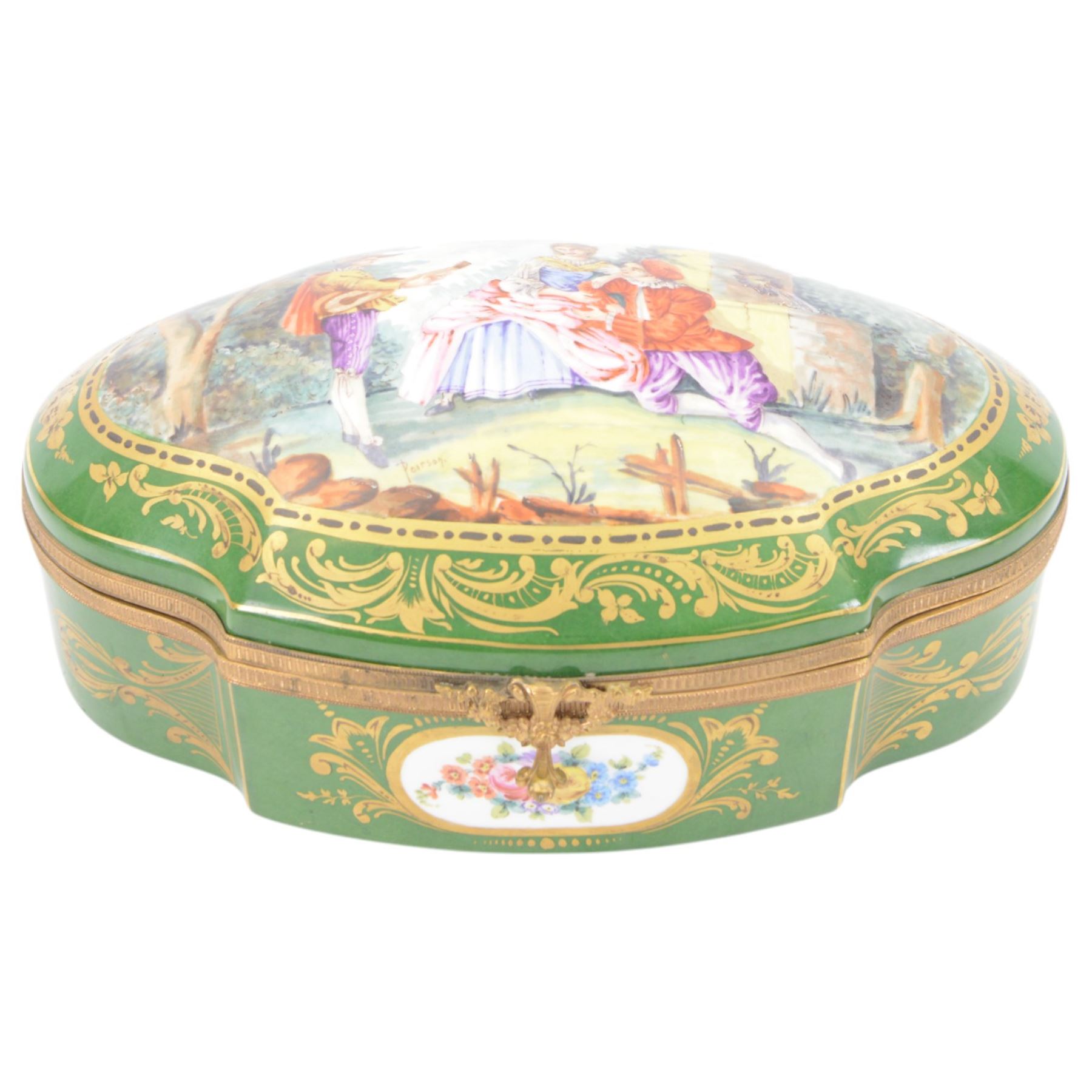 French bombee casket, Sevres style, painted with floral sprays inside gilt frames on a a green ground the cover decorated with a courting couple, signed Poirson, H18cm