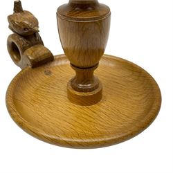 Wrenman - oak candle holder with drip tray, the handle carved with wren signature, by Robert Hunter, Thirlby, Thirsk  
