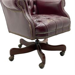 Hancock & Moore - swivel office desk chair, upholstered in buttoned burgundy leather with studded bands, five-spoke base on castors