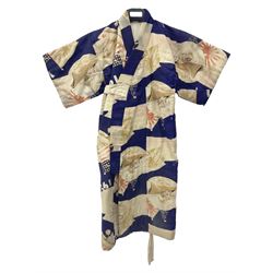 1930s Japanese fully lined kimono decorated with Japanese naval vessels and bi-planes, Japanese, American and British flags and dated 1935; looks to be child's size