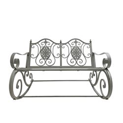 Regency design wrought metal rocking garden two seat, pierced back with scroll design over strap seat, with C-scroll back supports, in antique grey finish

