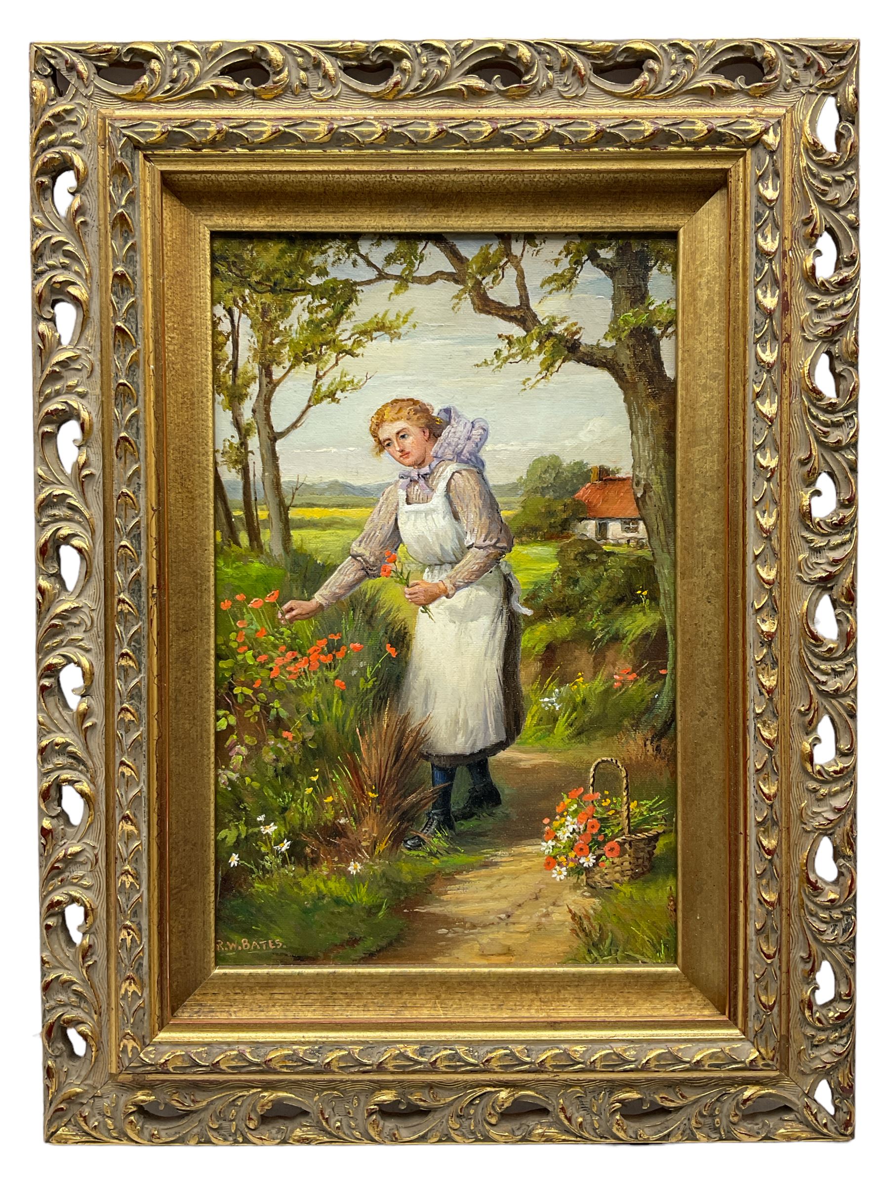 Robert William Bates (British 19th/20th Century): Young Woman Picking Flowers, oil on board signed 32cm x 20cm
