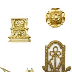 Set of eight brass cabinet door plates formed as lyres marked 'H.V' 9.5cm x 12cm, seven brass cabinet door handles of leaf design, various other handles, boss and a two branch wall light 
Provenance: property of a Nobleman