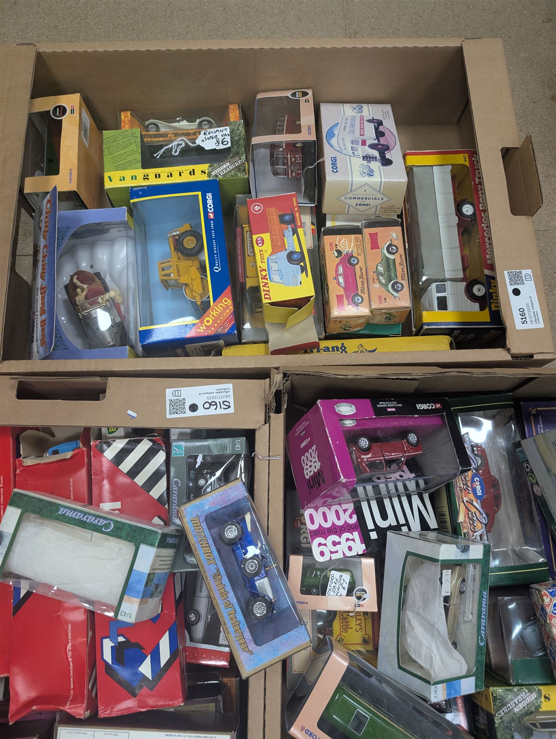 Collection of boxed diecast vehicles, including Triang Minic Ship, Corgi, Vanguards, Dinky and Matchbox examples, in three boxes