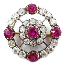  Ruby and diamond circular brooch with cluster centre, rubies approx 3.4 carat, diamonds approx 4.8 carat  