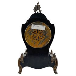19th century French Boulle cartouche shaped mantel clock, H31cm
