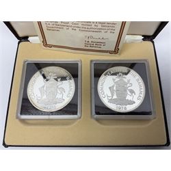 Six Commonwealth of the Bahamas Islands nine coin sets, dated 1972, 1973, 1974, 1975, 1976 and 1979, all minted at the Franklin Mint and containing high denomination silver coins, all cased, and a Bahamas Anniversary 1978 two coin set comprised of two silver proof ten dollar coins, cased 