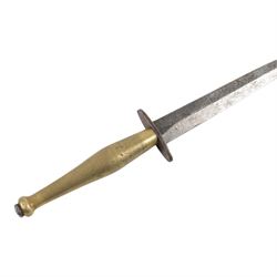 Fairbairn Sykes Fighting Knife, the 17cm double edged blade etched to the ricasso 'F-S Fighting Knife', brass checkered grip with steel ball pommel nut, overall L29cm