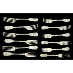Set of six George IV silver dinner forks, fiddle pattern by William Bateman II, London 1826 and six smaller William IV matched forks, London 1836, approx 23oz