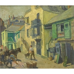  Nell Marion (Tenison) Cuneo (British 1873-1953): 'St Ives - Unloading the Catch', oil on panel, inscribed verso with provenance letter 22cm x 25cm Notes: Nell married Cyrus in 1903 and was the mother of Terence Tenison Cuneo  DDS - Artist's resale rights may apply to this lot  