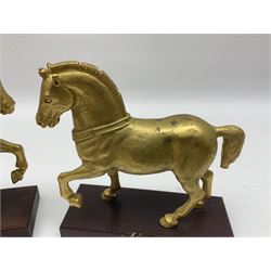 Pair of Grand Tour style, gilt metal horse after the Triumphal Quadriga or Horses of the Hippodrome of Constantinople St Marks Balilica, set on a wooden plinths, H18cm