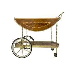 Early 20th century Italian marquetry walnut and satinwood drinks trolley wagon, two-tier with drop leaves and pierce brass gallery