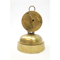  Small late 19th century brass drum alarm clock, circular Roman dial on bell, H12cm  