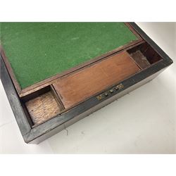 Victorian walnut and parquetry banded work box with brass shield and escutcheon, L30cm, together with mahogany writing slope with green baize writing surface, L35cm
