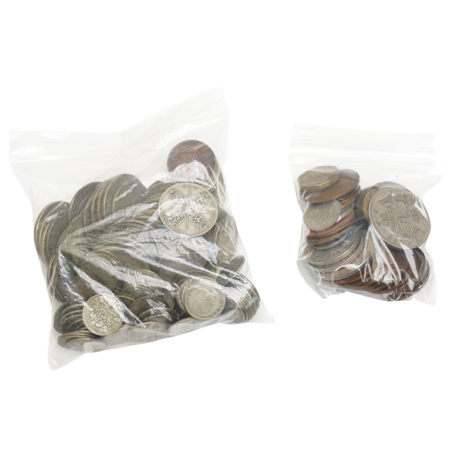 Approximately 860 grams of Great British pre-1947 silver coins, two Royal Mint United Kingdom 1981 'Commemorating The Marriage Of His Royal Highness The Prince Of Wales And Lady Diana Spencer' silver proof crown coins, commemorative crowns, and further pre-decimal coins