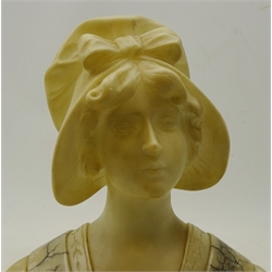  Early 20th century carved alabaster bust of a young girl wearing a bonnet, her garment with veined alabaster panels and carved collar  after Richard Aurili, on marble plinth, inscribed to reverse, H28cm x L24cm   