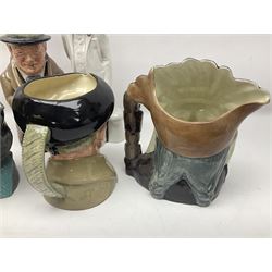 Royal Doulton Sir Winston Churchill figure HN3057, together with Winston Churchill toby jug, and three character jugs 