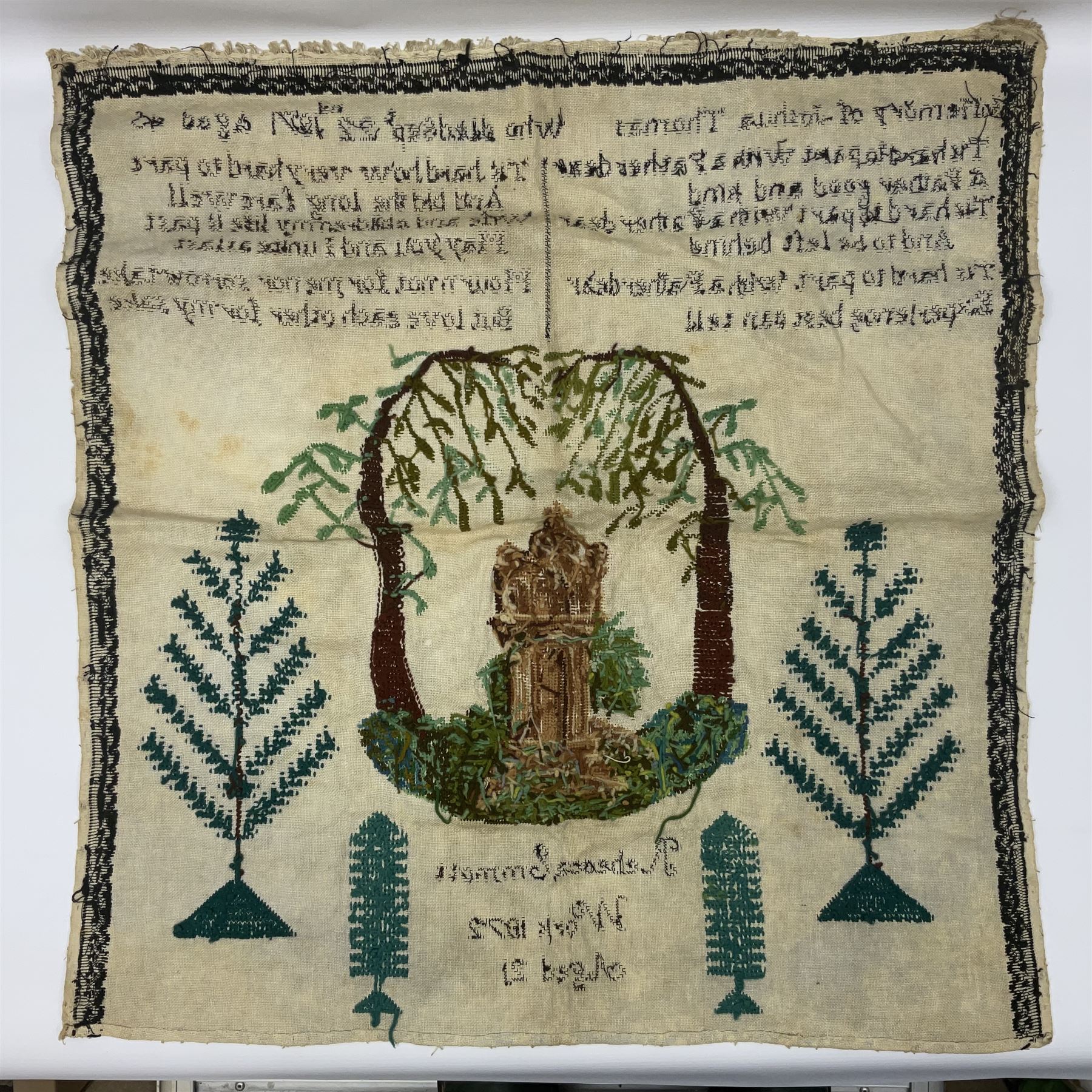 Victorian needlework  picture and verse sampler, 'In memory of Joshua Thomas who died Sep 22nd 1871 age 45', worked by Rebecca Emmott 1872 age 21, H66cm, W61cm 