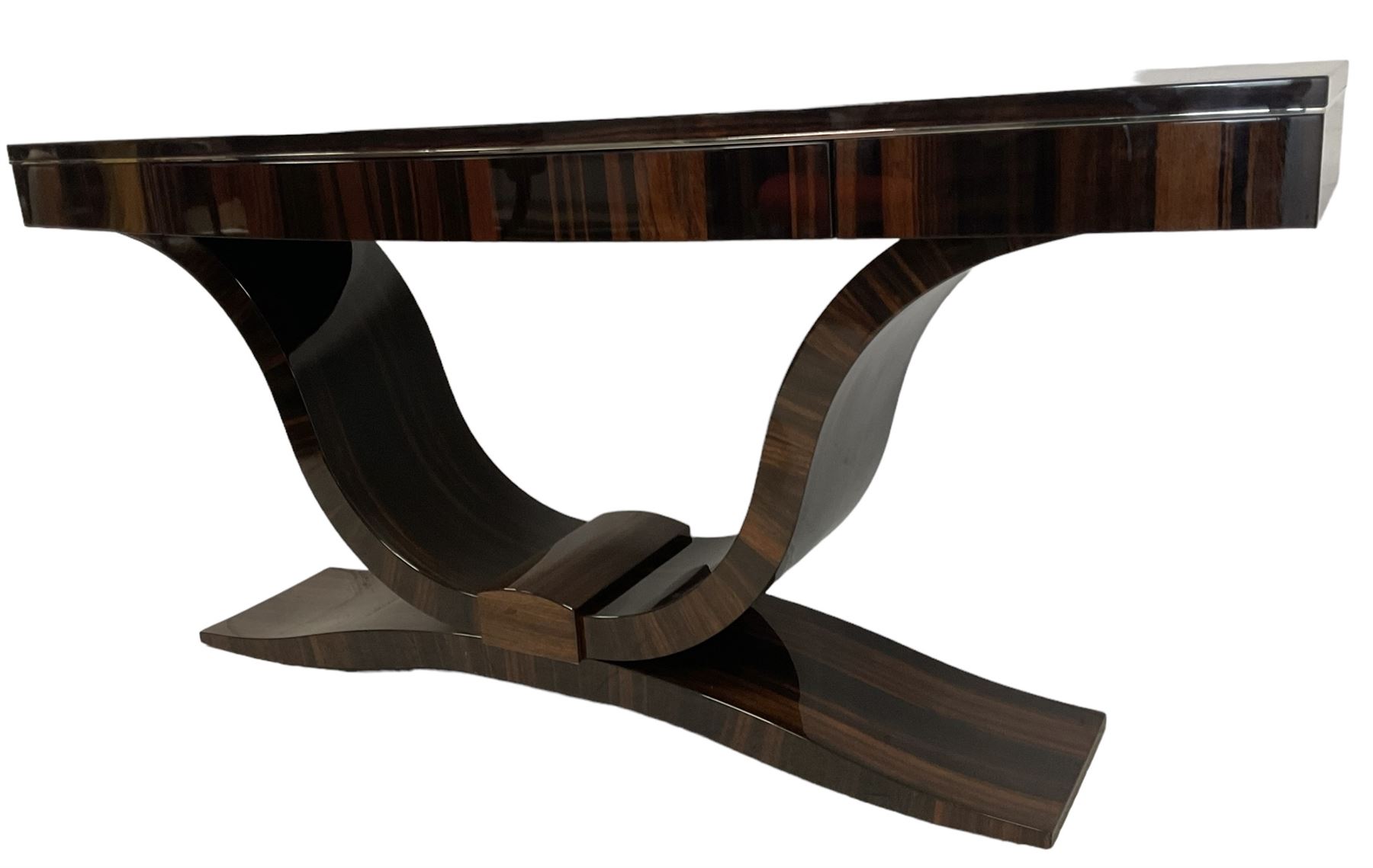 Giorgio Collection - Art Deco design macassar ebony 'Luna' console table, rectangular bow-front top with cross-banding and sun-burst veneer, fitted with single drawer, raised on a curved U-shaped base, retailed by Harrods