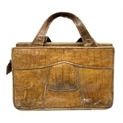 Vintage tan crocodile leather handbag with internal pockets and zip, W30cm