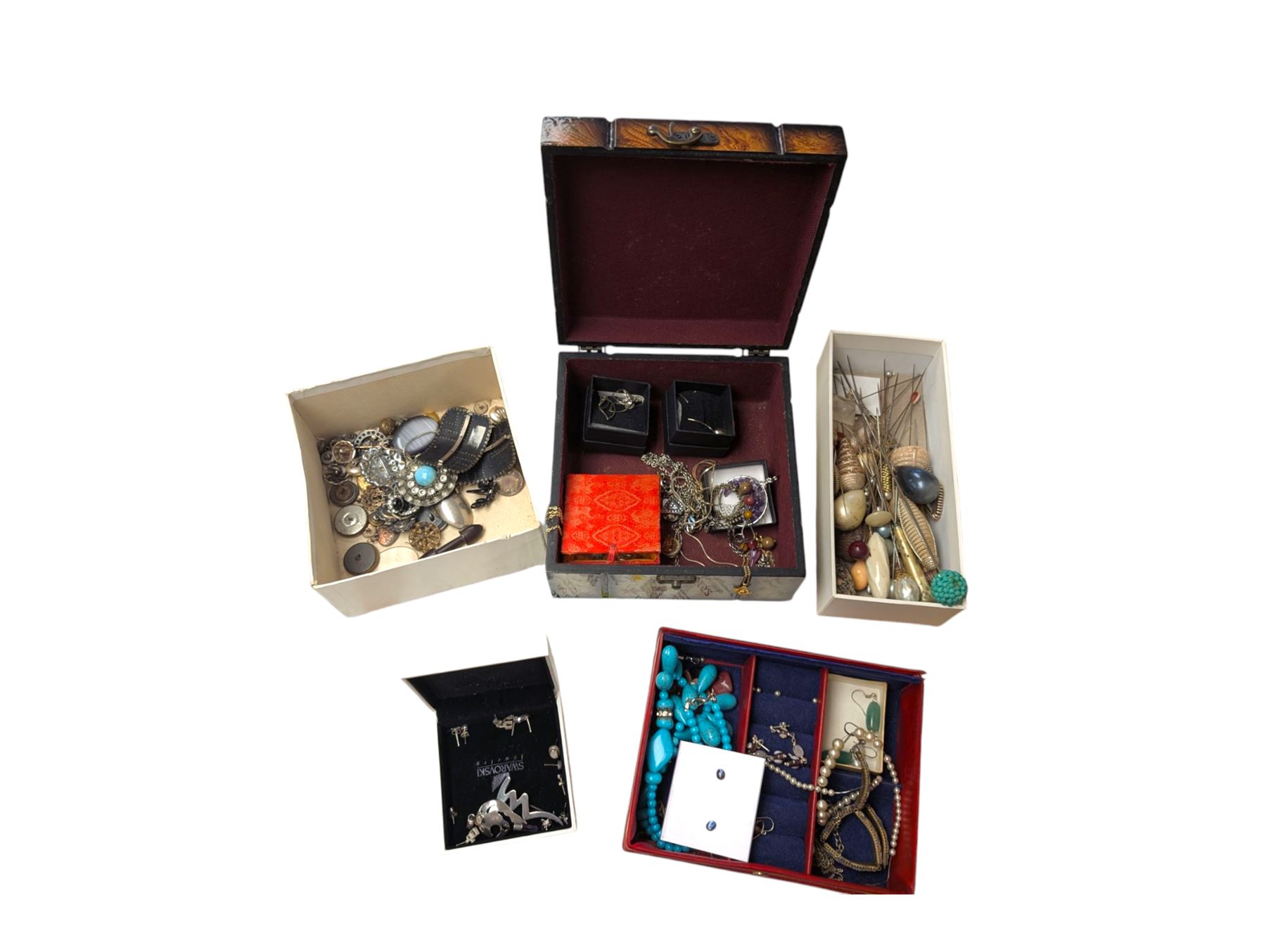 Colleciton of jewellery, including hatpins, brooches, silver earrings, etc