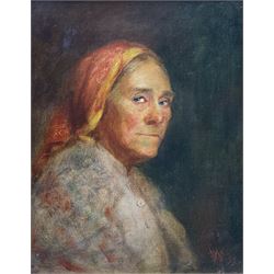 English School (late 20th century): Portrait of a Woman Wearing a Headscarf, oil on canvas signed with monogram BWS and dated '99, 24cm x 19cm