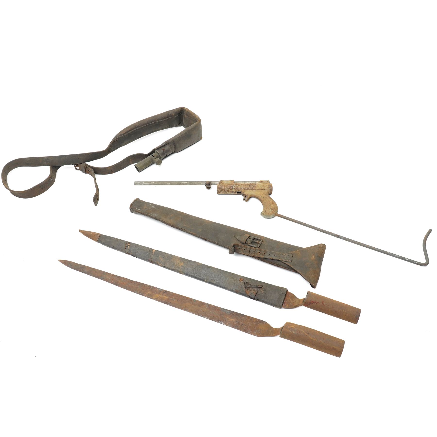 19th century Brown Bess socket bayonet with leather scabbard, another without scabbard, early air pistol etc 
Provenance: property of a Nobleman