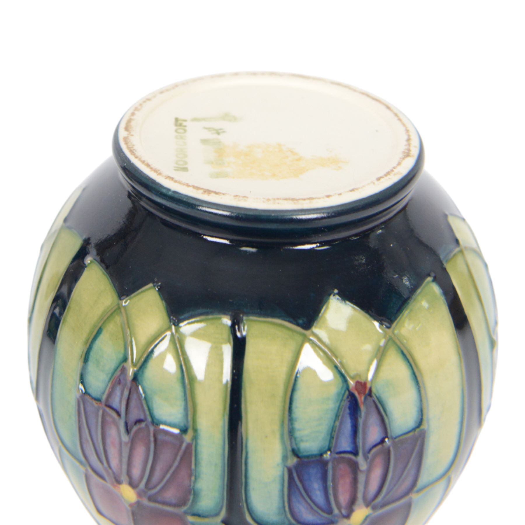 Two Moorcroft vases, in violets pattern, with original boxes, bud vase H17cm