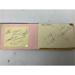 The Beatles - dis-bound personal autograph album containing numerous signatures of pop stars and entertainers, many on fragments of paper stuck down with sellotape, including secretarially signed The Beatles - Paul McCartney, Ringo Starr, John Lennon and George Harrison obtained at the Majestic Ballroom, Witham, Hull during their performance there either in October 1962 or February 1963; The Bachelors; Bert Weedon; The Rockin' Berries; Helen Shapiro; Dallas Boys; Frank Ifield; Ronnie Hilton; Norman Collier; Marty Wilde and many more.
Provenance: The vendor advises she was babysitter for the daughter of the owner of the Majestic Ballroom and was given the album in 1978. Presumably the owner obtained the secretarially signed signatures of The Beatles for his daughter along with other signatures of artists who also appeared there.