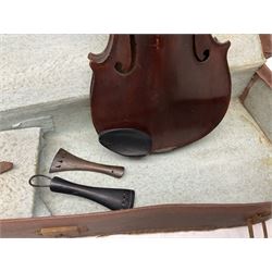 Late 19th century French violin for restoration and completion with 36cm two-piece maple back and ribs and spruce top L59.5cm overall; and modern Hungarian violin; both cased (2)