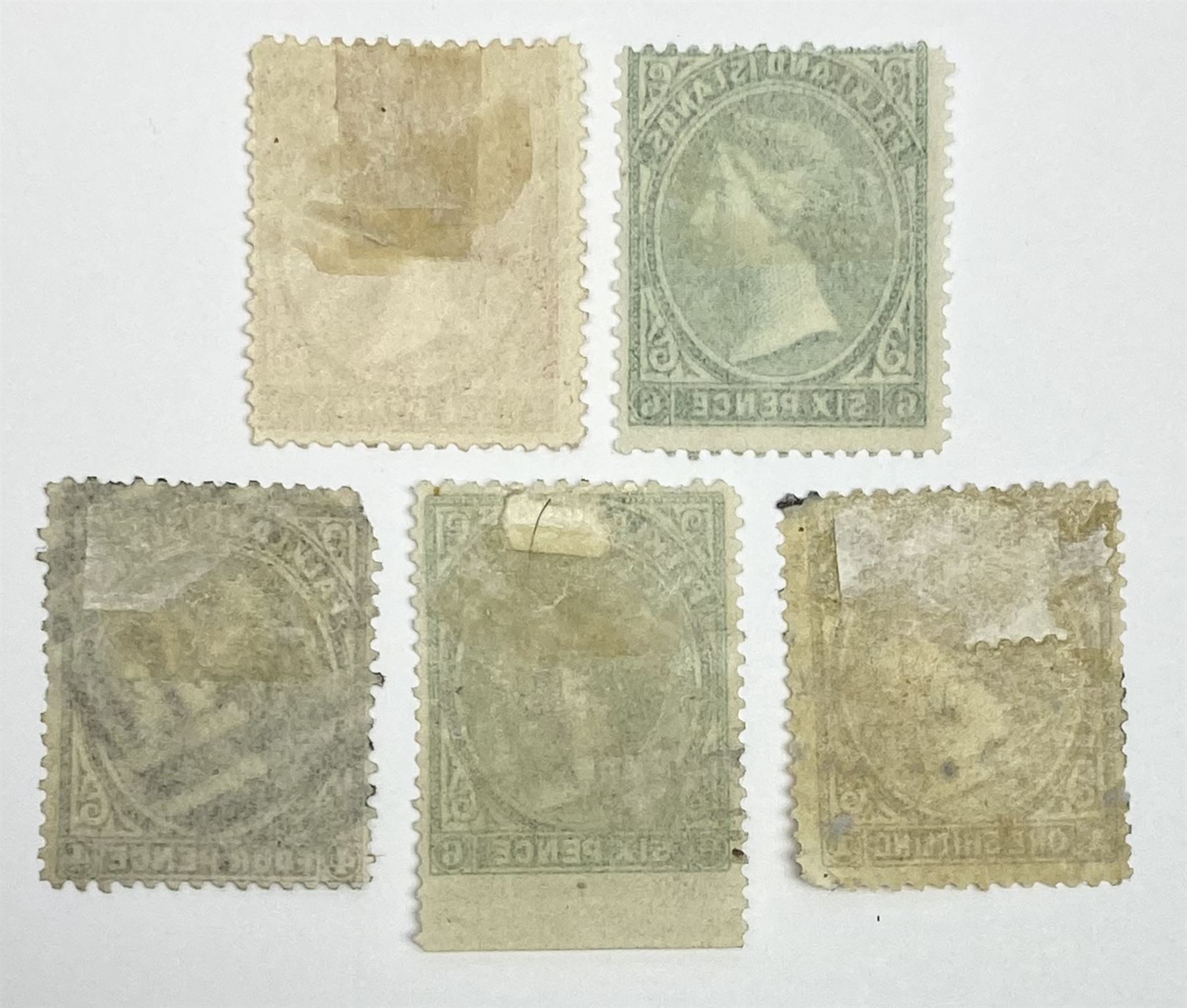 Falkland Islands Queen Victoria 1878 one penny and six pence stamps, both unused and four pence, six pence and one shilling, used, all previously mounted