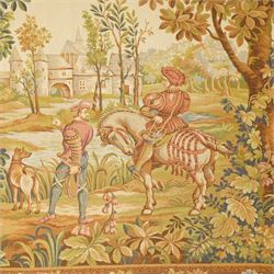 Large French Aubusson style verdure tapestry, of 18th century design but later, depicting a hunting party in a country landscape, 175cm x 271cm