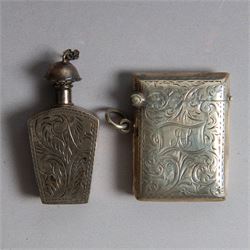 Two silver vesta cases, comprising early 20th century example with engine turned decoration, engraved 'J'espere' (I hope), hallmarked William Neale & Son Ltd, Birmingham 1912 and a small rectangular example with engraved decoration and initials, together with a small silver box, of plain circular form and a small silver scent bottle, all with import marks or A