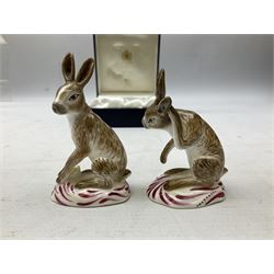 Two Halcyon Days porcelain figures of hares, inspired by Bow porcelain hare c1755, in box 