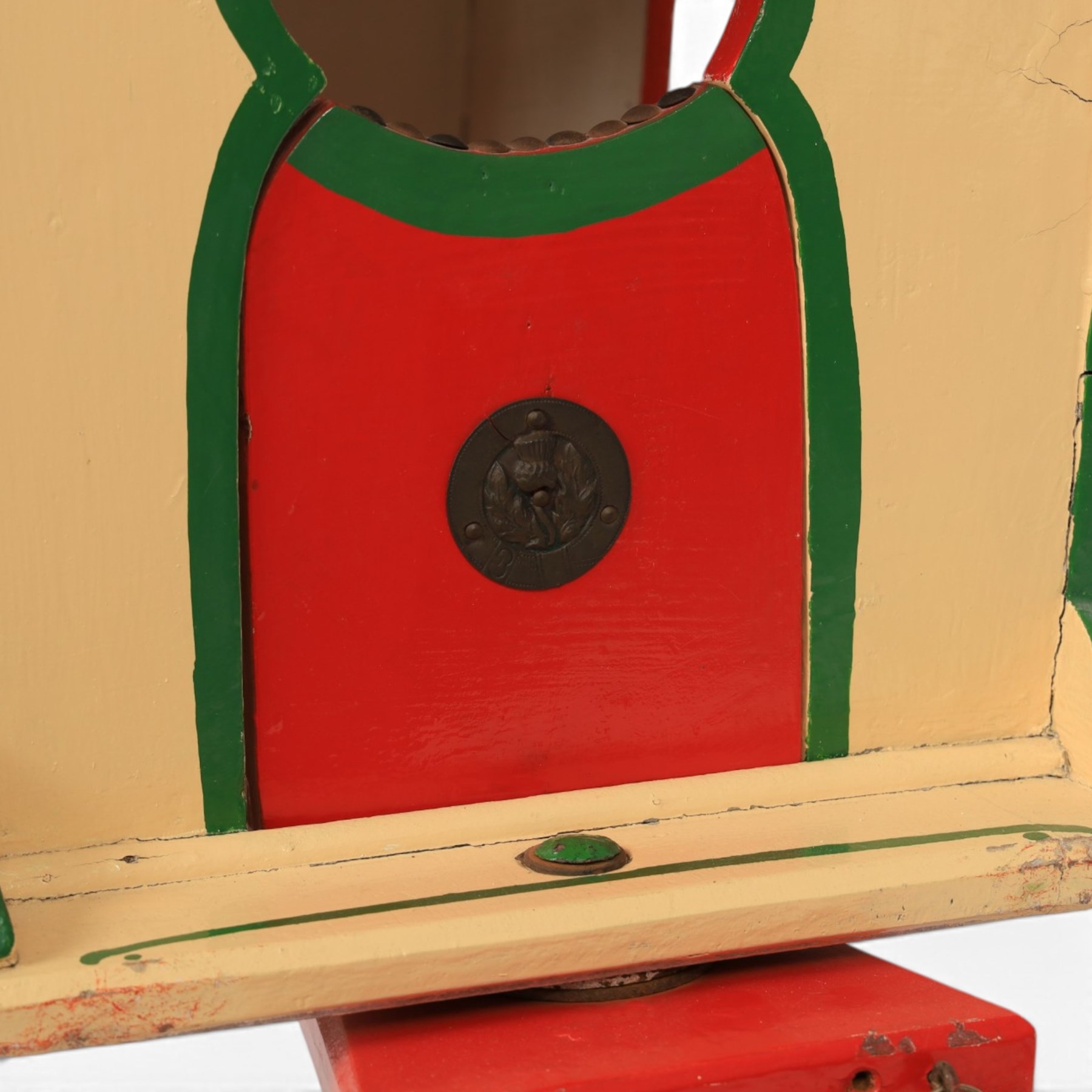 G & J Lines wooden gypsy caravan model, painted in cream with red roof, wheels and green detailing, H51cm, L89cm