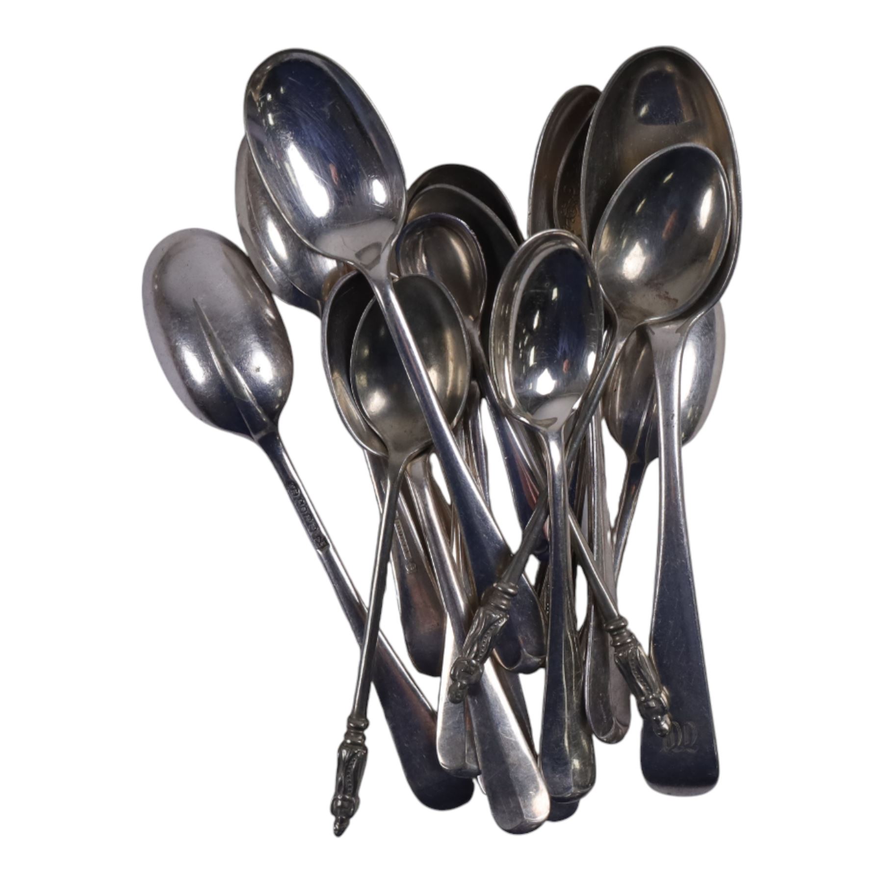 Group of silver, including matchbox cover, open salt, brush mounts and three napkin rings, together with a collection of silver plated cutlery, cruets etc